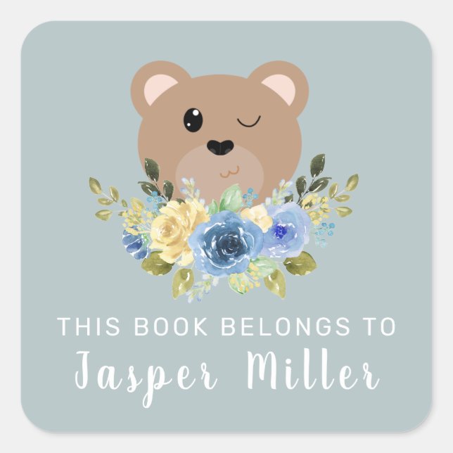 Pegatina Cuadrada Niños Cute Teddy Bear Dusty Blue & Name Kids (Anverso)