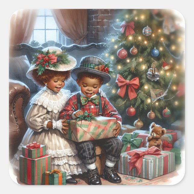 Pegatina Cuadrada Niños de época abriendo regalos de Navidad (Anverso)