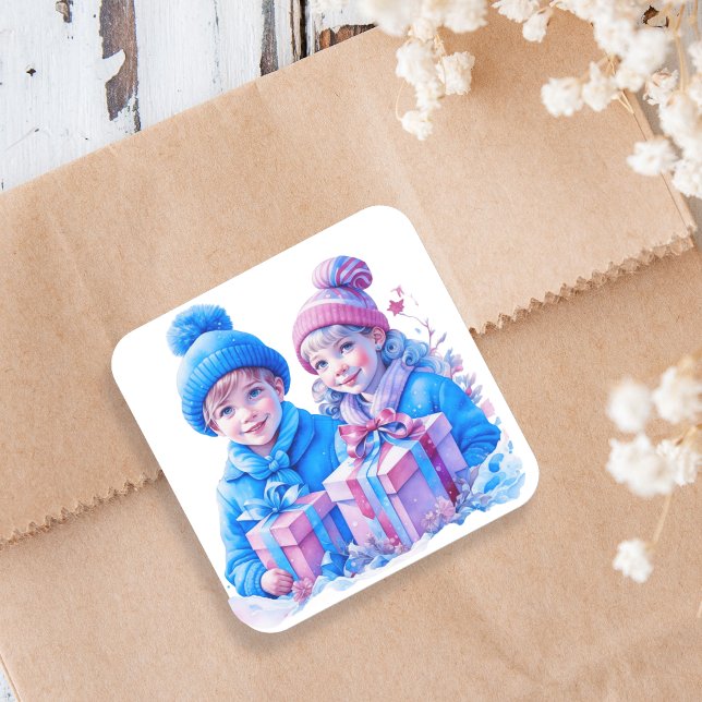 Pegatina Cuadrada Niños de época con Navidades azules y rosas (Subido por el creador)