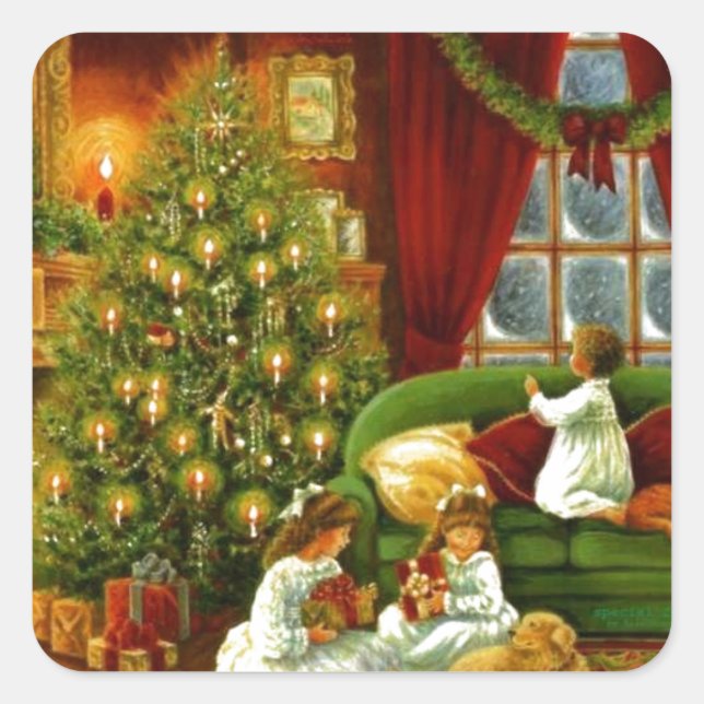 Pegatina Cuadrada Niños de la época abriendo regalos a Navidades (Anverso)