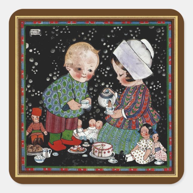 Pegatina Cuadrada Niños de la época de la cosecha que tienen un Fies (Anverso)