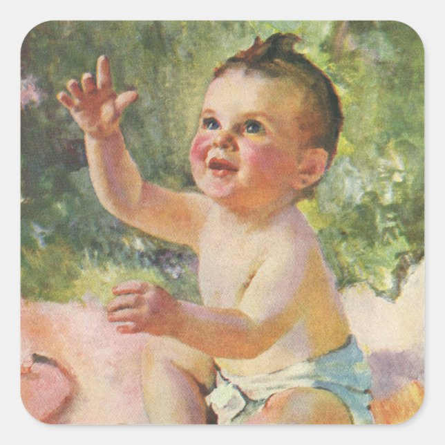 Pegatina Cuadrada Niños de la época, niñas pequeñas en una manta ros (Anverso)