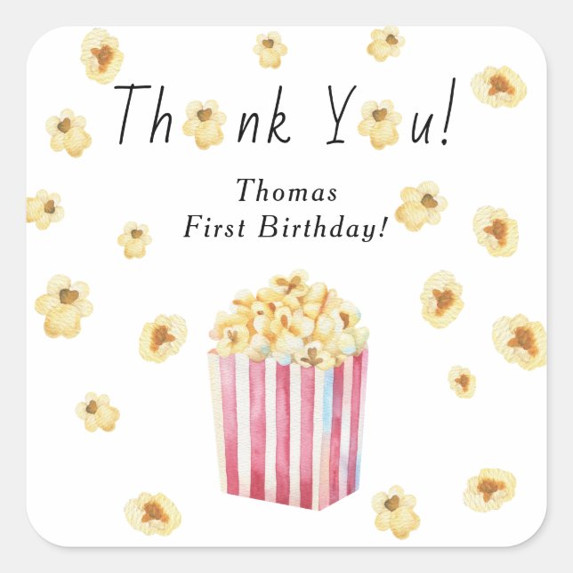 Pegatina Cuadrada Niños de Popcorn Fiesta de cumpleaños Gracias (Anverso)