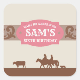 Pegatina Cuadrada Niños del partido de cumpleaños occidental: Rosa/B