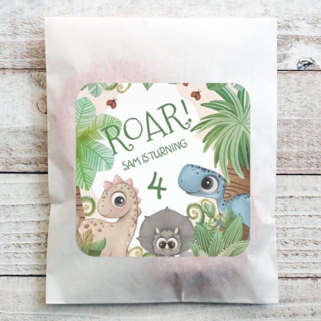 Pegatina Cuadrada Niños Dinosaurios 4 Aniversario (Personalized Dinosaur Birthday Party Stickers)