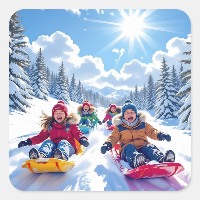 Pegatina Cuadrada Niños duermen Navidades de invierno (Anverso)