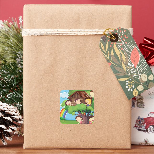 Pegatina Cuadrada Niños En Una Casa De Árboles (Subido por el creador)