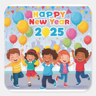 Pegatina Cuadrada Niños felices bailando para el Año Nuevo 2025 🎉