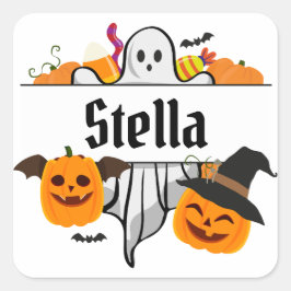 Pegatina Cuadrada Niños Halloween nombre Tote Bag Trick or Treth