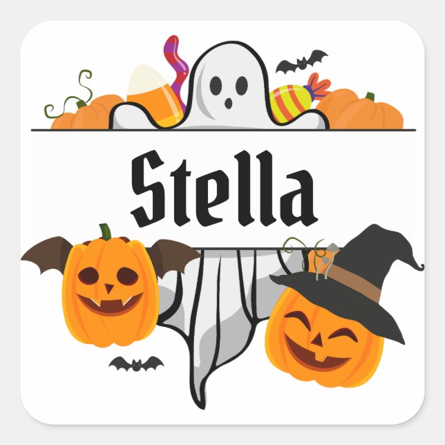 Pegatina Cuadrada Niños Halloween nombre Tote Bag Trick or Treth (Anverso)