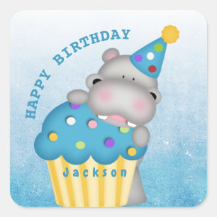 Pegatina Cuadrada Niños Hippo Cumpleaños Pastel de Hipopótamo Espolv