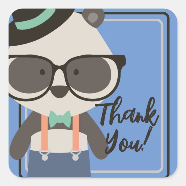 Pegatina Cuadrada Niños Hipster Mister Panda Bear Cumpleaños (Anverso)