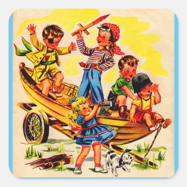 Pegatina Cuadrada niños jugando pirata (Anverso)