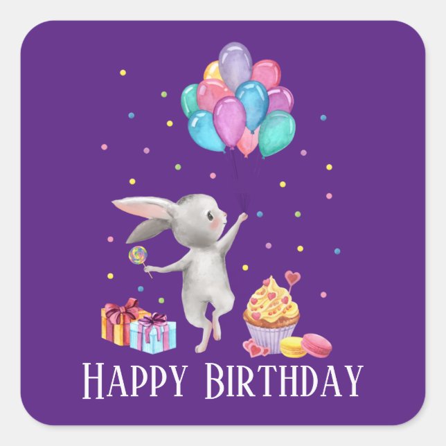 Pegatina Cuadrada niños lindos unisex Conejo de cumpleaños (Anverso)