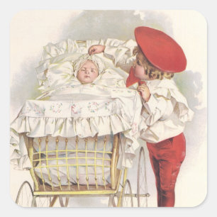 Pegatina Cuadrada Niños, niños y bebés victorianos de época en Pram