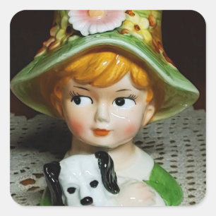 Pegatina Cuadrada Niños pelirrojos y cachorros