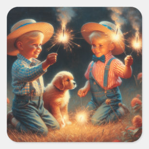 Pegatina Cuadrada Niños pequeños jugando con fuegos artificiales el