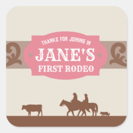 Pegatina Cuadrada Niños Primeramente Rodeo Rosa/Marrón Cumpleaños Oc