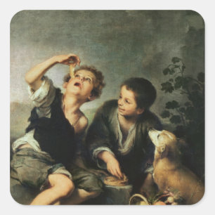 Pegatina Cuadrada Niños que comen una empanada, 1670-75