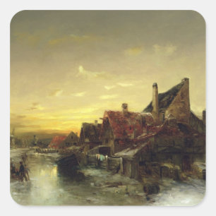 Pegatina Cuadrada Niños que juegan en el hielo