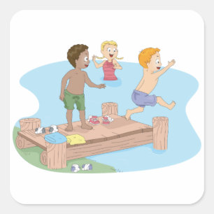 Pegatina Cuadrada Niños Saltando en el Lago Verano Natación