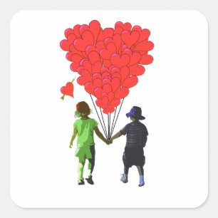 Pegatina Cuadrada Niños sosteniendo manos y globos con forma de cora