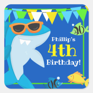 Pegatina Cuadrada Niños Tiburón Azul Cumpleaños Fintástico