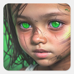 Pegatina Cuadrada Niños tribales   Chica Futurista con ojos verdes b