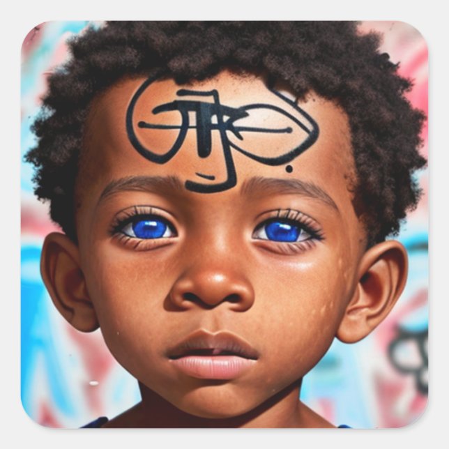 Pegatina Cuadrada Niños tribales | Pequeño arte callejero futurista (Anverso)