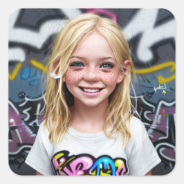 Pegatina Cuadrada Niños tribales | Sonriente pequeña rubia con pecas