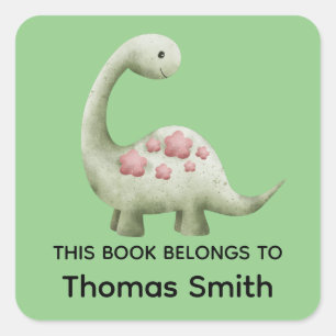 Pegatina Cuadrada Niños Verde "Este Libro Pertenece" Dinosaurio y No