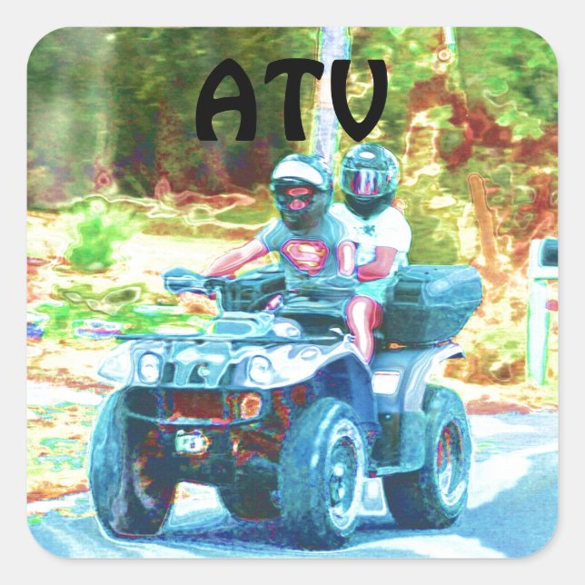 Pegatina Cuadrada Niños viajando en vehículo de todo el terreno ATV  (Anverso)