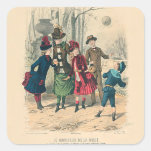 Pegatina Cuadrada Niños Victorianos Antiguos Juegan con Pelota 1880