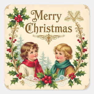 Pegatina Cuadrada Niños victorianos Feliz Navidad vintage