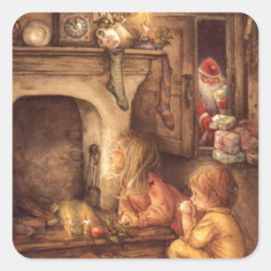 Pegatina Cuadrada Niños Vintage esperando a Santa Claus
