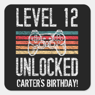 Pegatina Cuadrada Nivel 12 Desbloqueado 12º cumpleaños personalizado