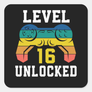 Pegatina Cuadrada Nivel 16 Desbloqueado, videojuego 16º cumpleaños