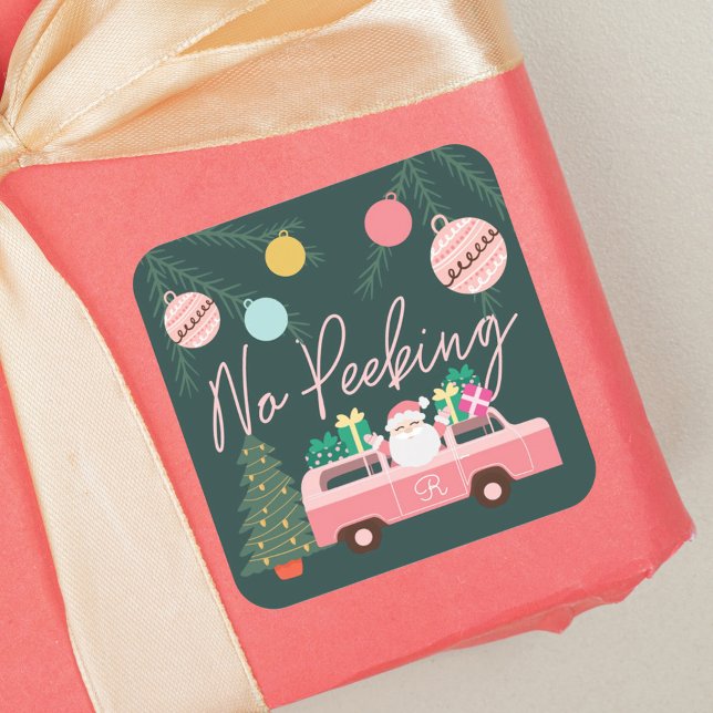 Pegatina Cuadrada No a los Navidades rosados de la época de Peeking  (No Peeking Vintage Pink Christmas Van Santa Square Sticker)