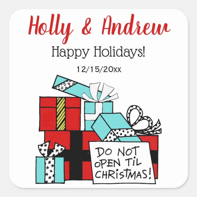 Pegatina Cuadrada No abrir hasta que Navidad presente navidad (Anverso)