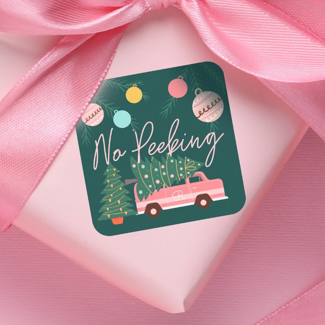 Pegatina Cuadrada No hay Navidades rosados de la época de Peeking ni (No Peeking Vintage Pink Christmas Van Green Square Square Sticker)