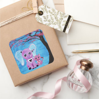 Pegatina Cuadrada No Me Olvides Elefante Rosa Gato Flor de Cerezo Ar