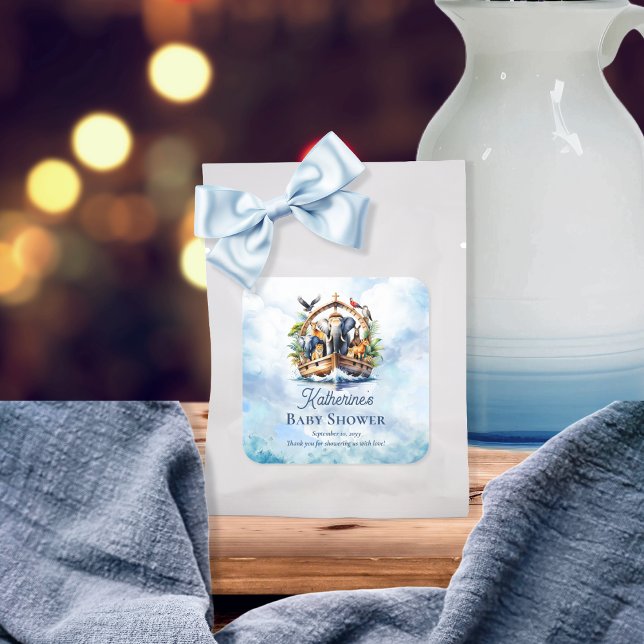 Pegatina Cuadrada Noah's Ark Cute Animals Blue Boy Baby Shower (Noah's Ark Cute Animals Blue Boy Baby Shower Favor Square Sticker)