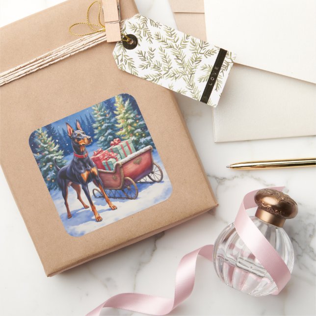 Pegatina Cuadrada Noble Doberman Guarding Christmas Sleigh Winter (Regalar)