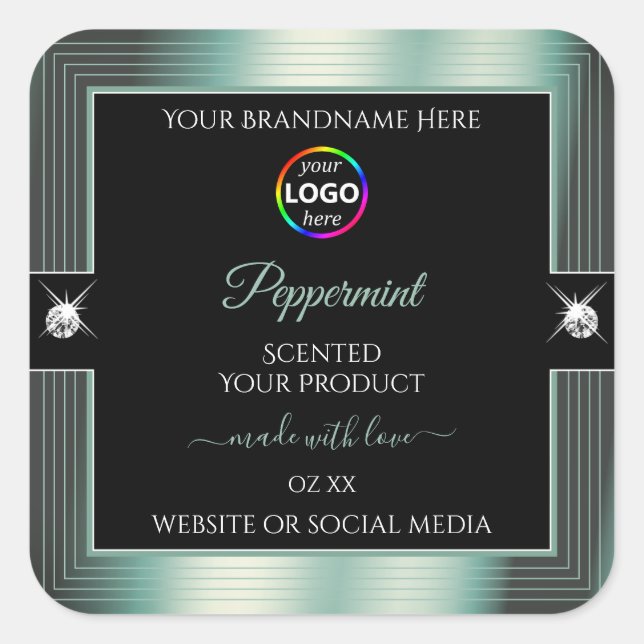 Pegatina Cuadrada Noble piedad negra brillante Verde azulada con eti (Anverso)