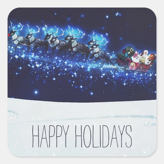 Pegatina Cuadrada Noche azul con Santa Claus, reno y Sleigh (Anverso)