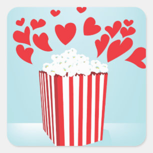 Pegatina Cuadrada Noche de cine de palomitas de maíz y corazones