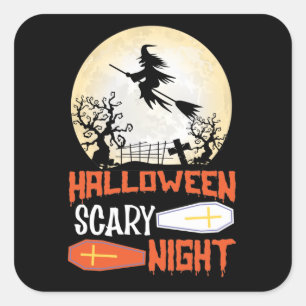 Pegatina Cuadrada Noche de Halloween Espeluznante Bruja Tétrica