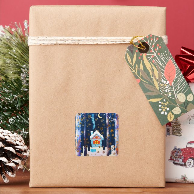 Pegatina Cuadrada Noche de invierno con copas de nieve de oro ruso (Vacaciones)