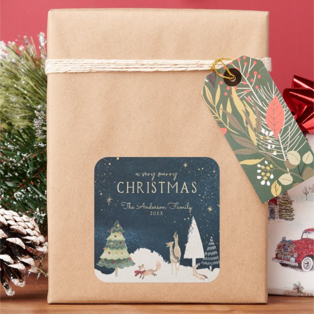 Pegatina Cuadrada Noche de invierno | Elegantes Navidades de oro Gra (Vacaciones)