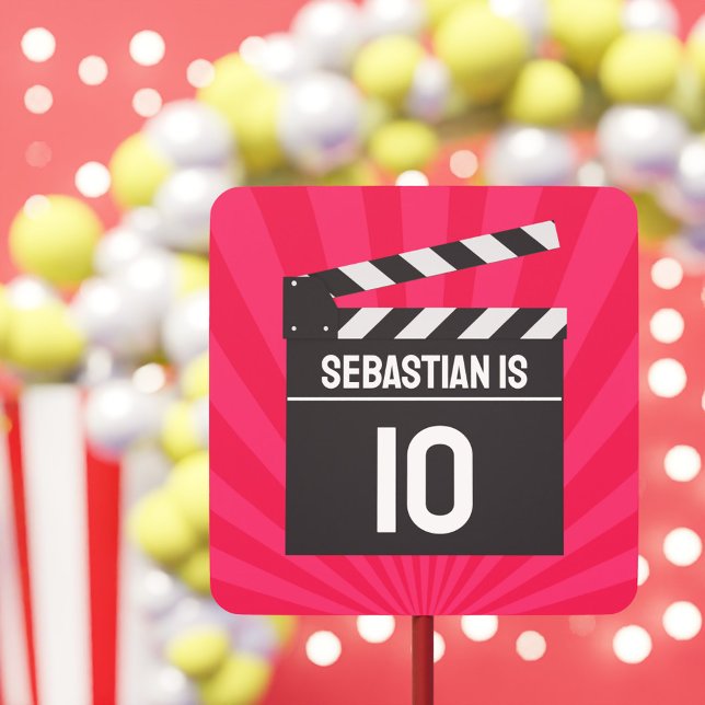 Pegatina Cuadrada Noche de la película roja Clapperboard Niños Fiest (Red Movie Night Clapperboard Kids Birthday Party Square Sticker)